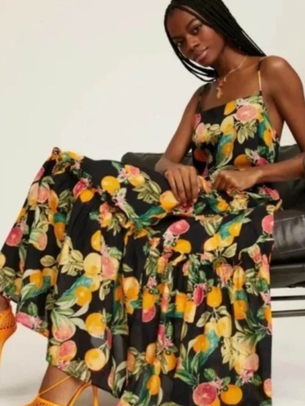Cara Cara Black Maxi Skirt with Citrus Floral Print